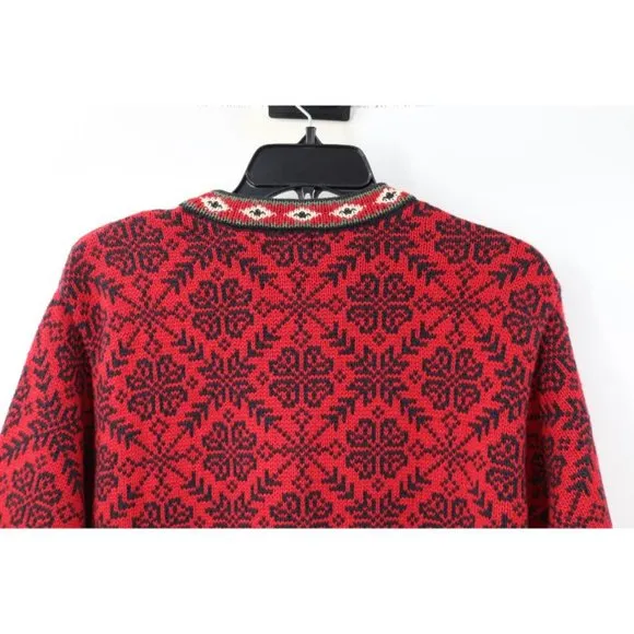 Ll bean Cardigan women's M Nordic embossed buttons sweater snowflake cotton red