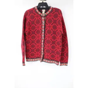 Ll bean Cardigan women's M Nordic embossed buttons sweater snowflake cotton red