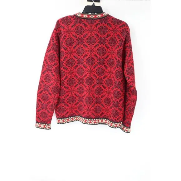 Ll bean Cardigan women's M Nordic embossed buttons sweater snowflake cotton red