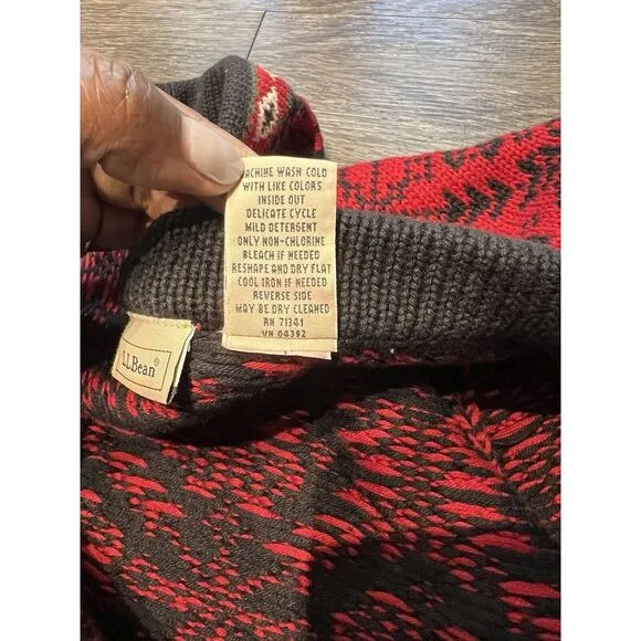 LL Bean Vtg Cotton Button‎ Up Cardigan Sweater Women's XL 90s Red Nordic Cottage