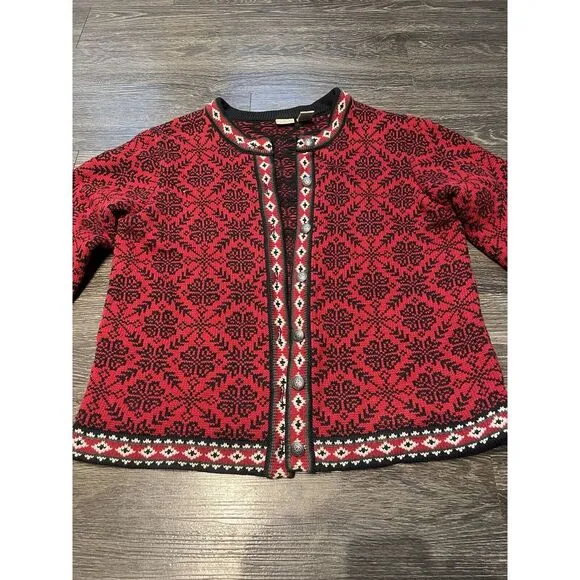 LL Bean Vtg Cotton Button‎ Up Cardigan Sweater Women's XL 90s Red Nordic Cottage