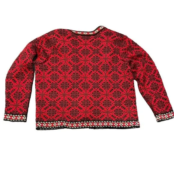 LL Bean Vtg Cotton Button‎ Up Cardigan Sweater Women's XL 90s Red Nordic Cottage