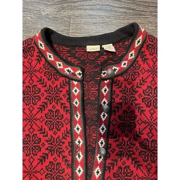 LL Bean Vtg Cotton Button‎ Up Cardigan Sweater Women's XL 90s Red Nordic Cottage