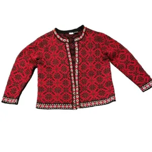 LL Bean Vtg Cotton Button‎ Up Cardigan Sweater Women's XL 90s Red Nordic Cottage
