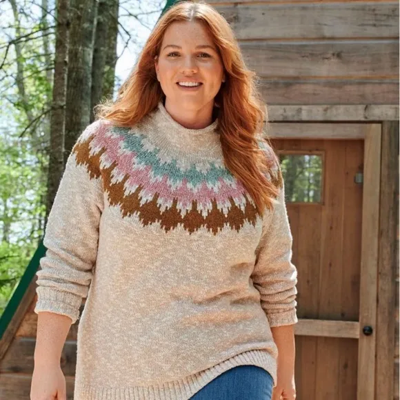 L.L. Bean Women's Cotton Ragg Sweater Funnelneck Pullover Fair Isle