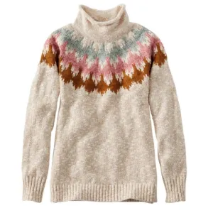 L.L. Bean Women's Cotton Ragg Sweater Funnelneck Pullover Fair Isle