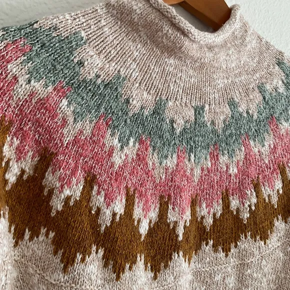 L.L. Bean Women's Cotton Ragg Sweater Funnelneck Pullover Fair Isle