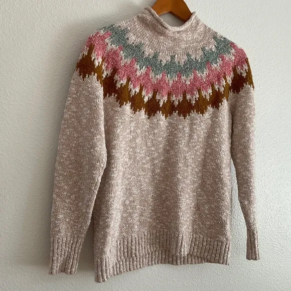 L.L. Bean Women's Cotton Ragg Sweater Funnelneck Pullover Fair Isle