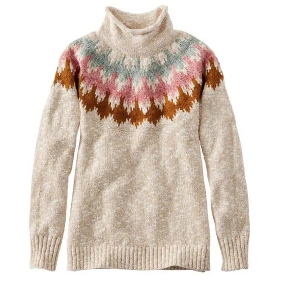 L.L. Bean Women's Cotton Ragg Sweater Funnelneck Pullover Fair Isle