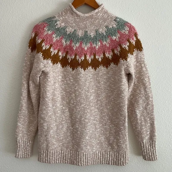 L.L. Bean Women's Cotton Ragg Sweater Funnelneck Pullover Fair Isle