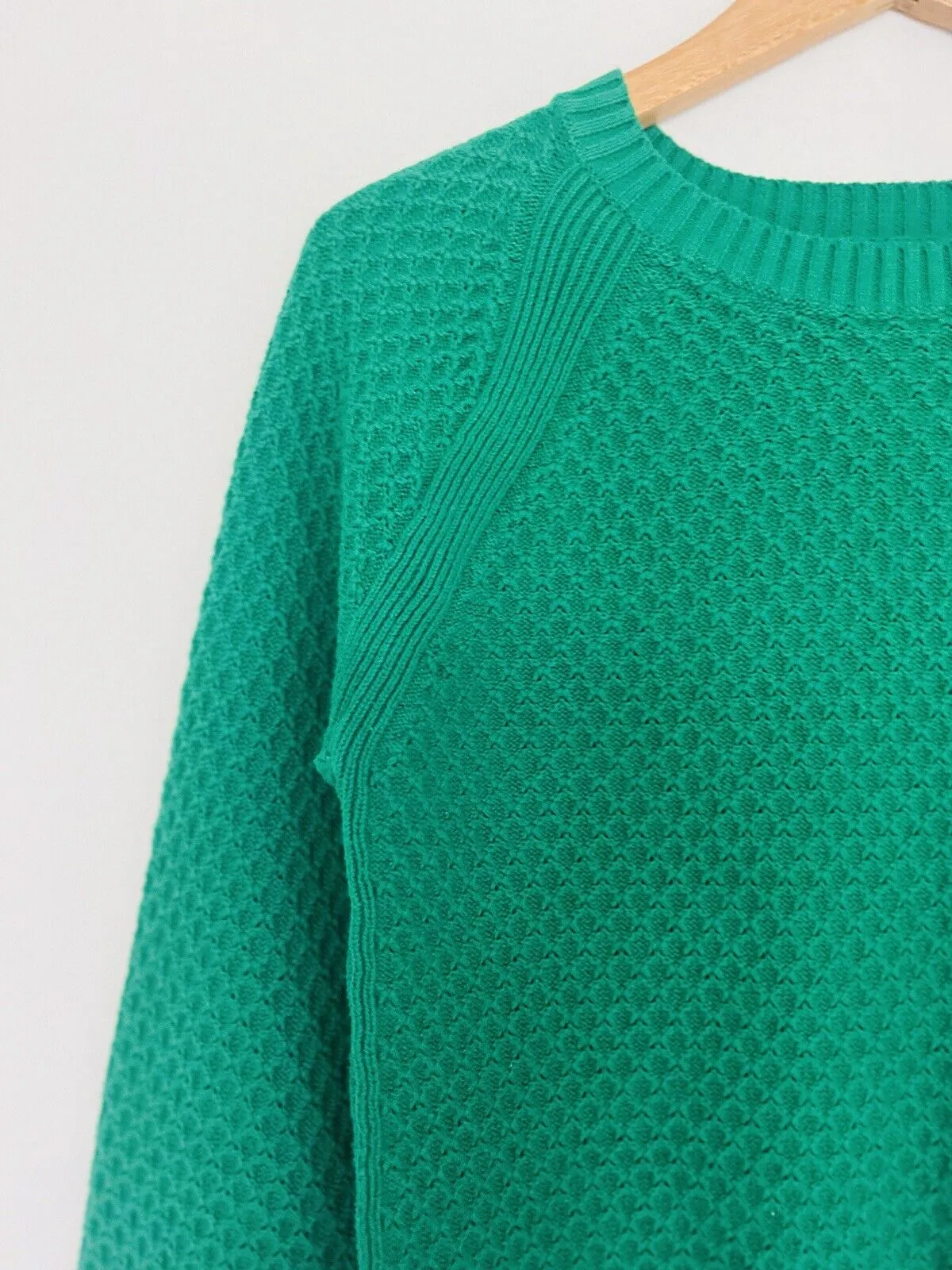 LOFT Pullover Green Knit Sweater Sz M Woven Detail Crew Neck Crop Short Boho