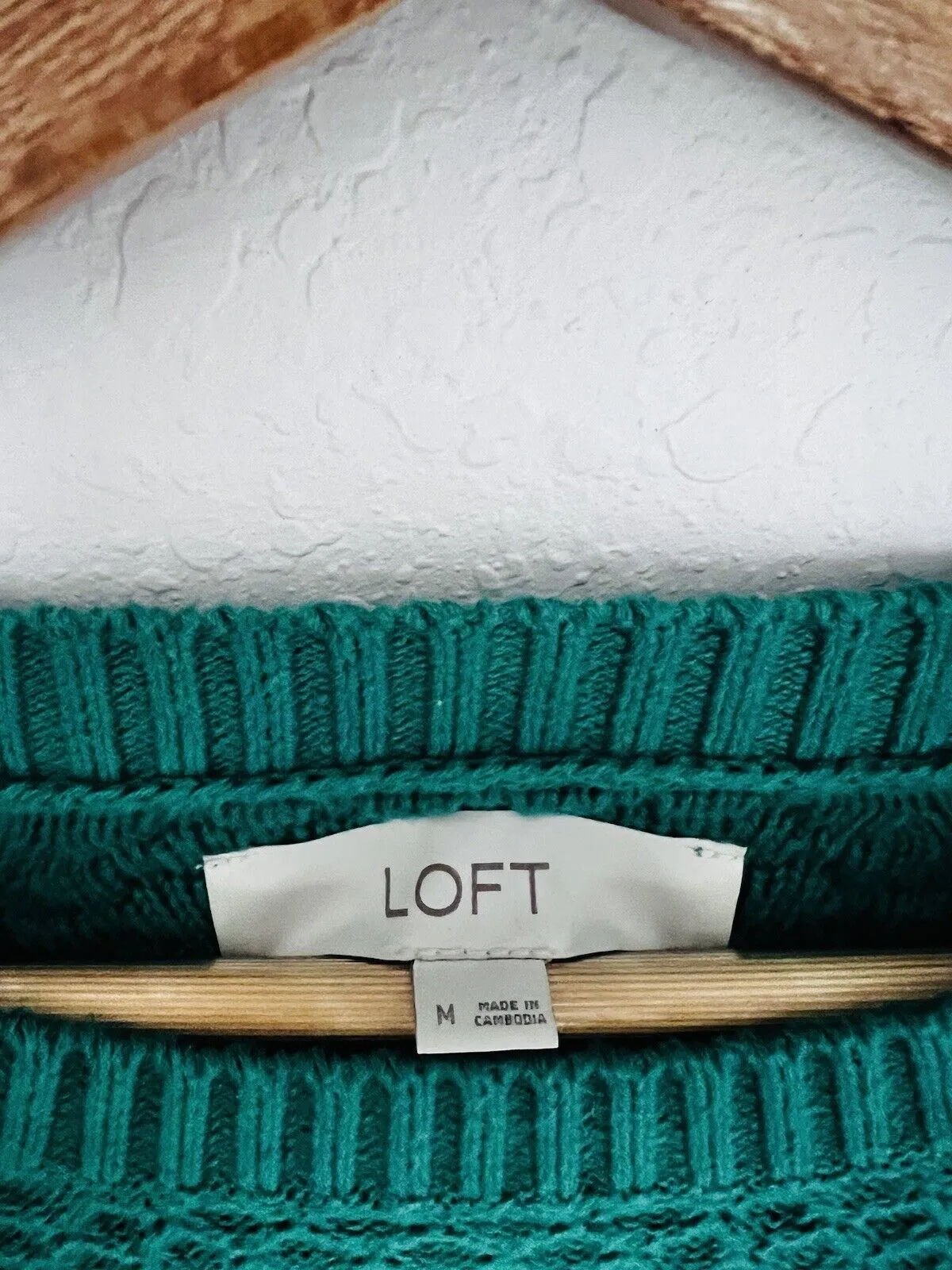 LOFT Pullover Green Knit Sweater Sz M Woven Detail Crew Neck Crop Short Boho