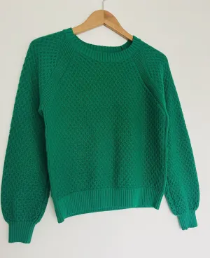 LOFT Pullover Green Knit Sweater Sz M Woven Detail Crew Neck Crop Short Boho