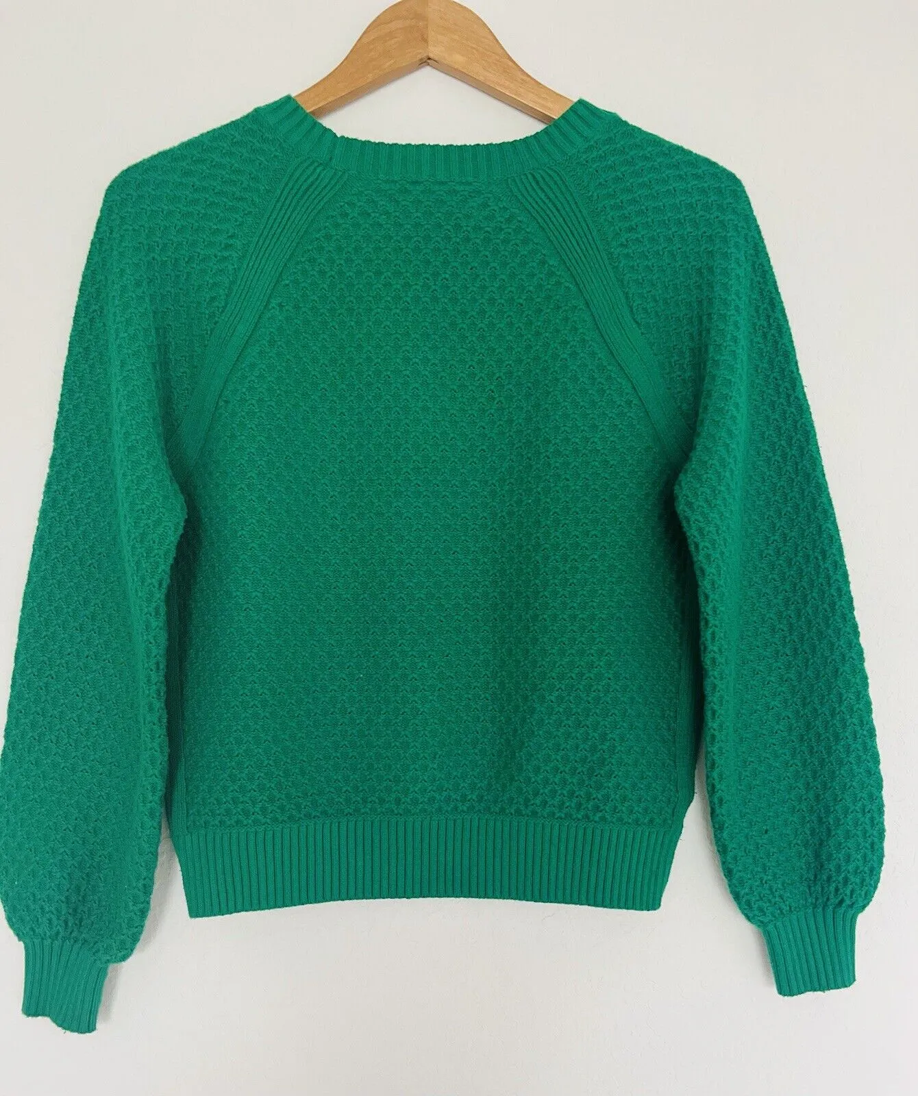 LOFT Pullover Green Knit Sweater Sz M Woven Detail Crew Neck Crop Short Boho