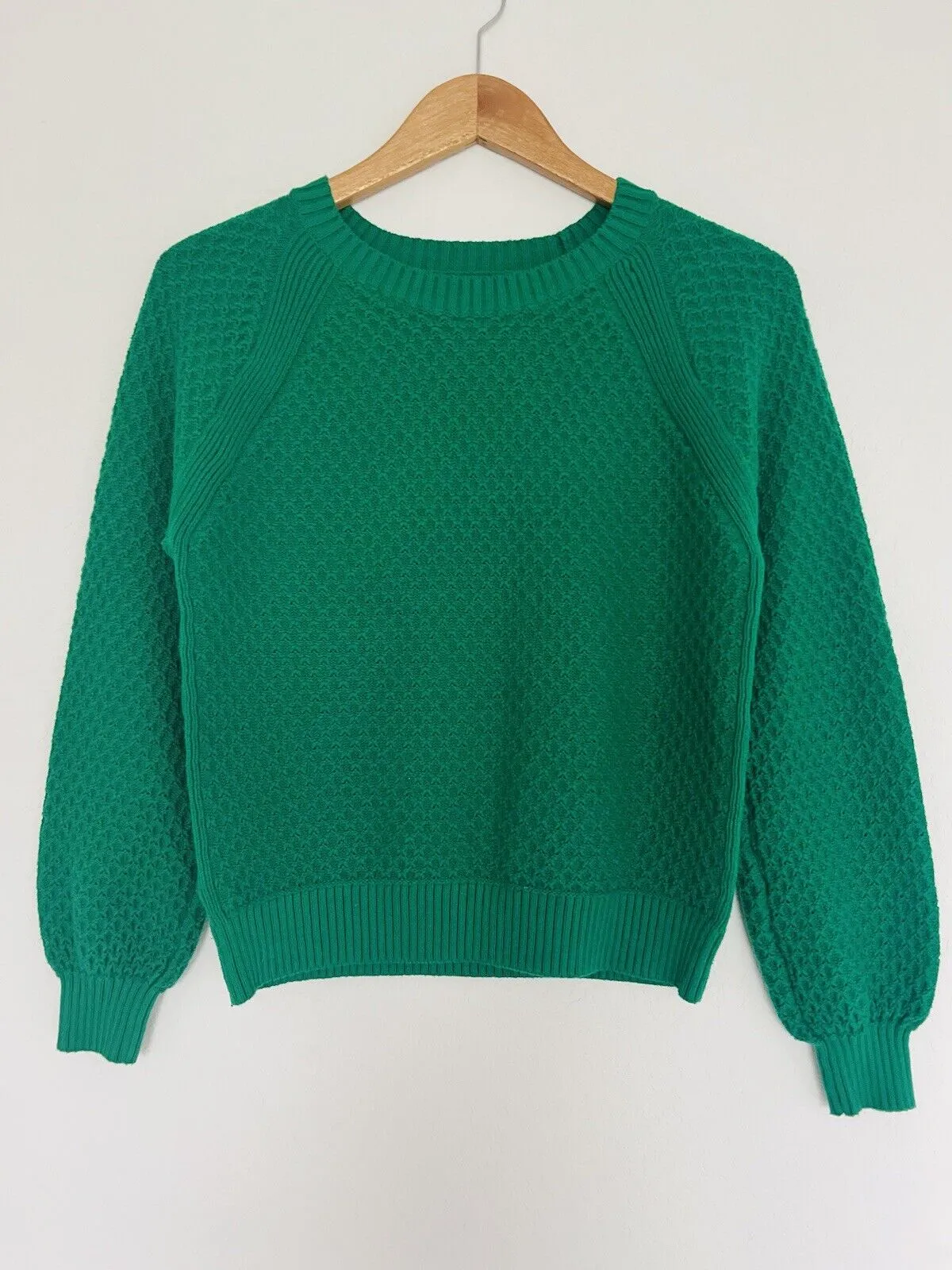 LOFT Pullover Green Knit Sweater Sz M Woven Detail Crew Neck Crop Short Boho