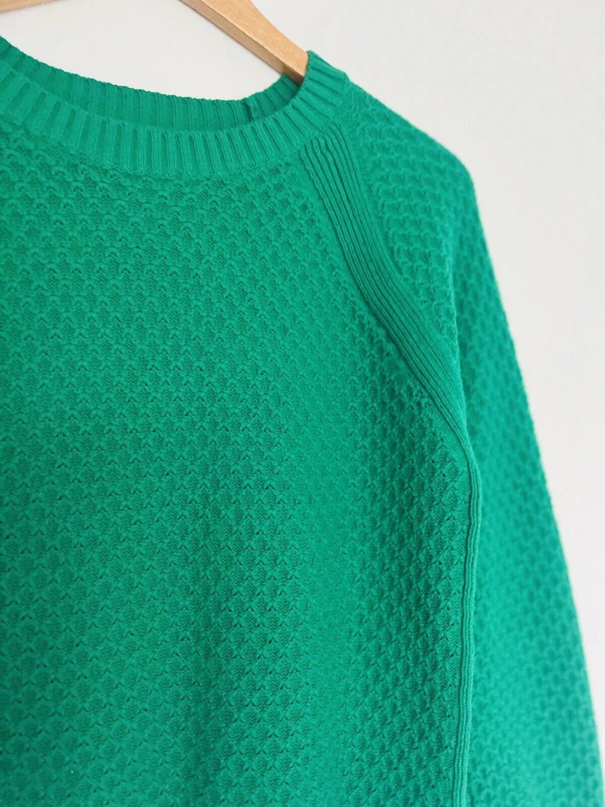 LOFT Pullover Green Knit Sweater Sz M Woven Detail Crew Neck Crop Short Boho