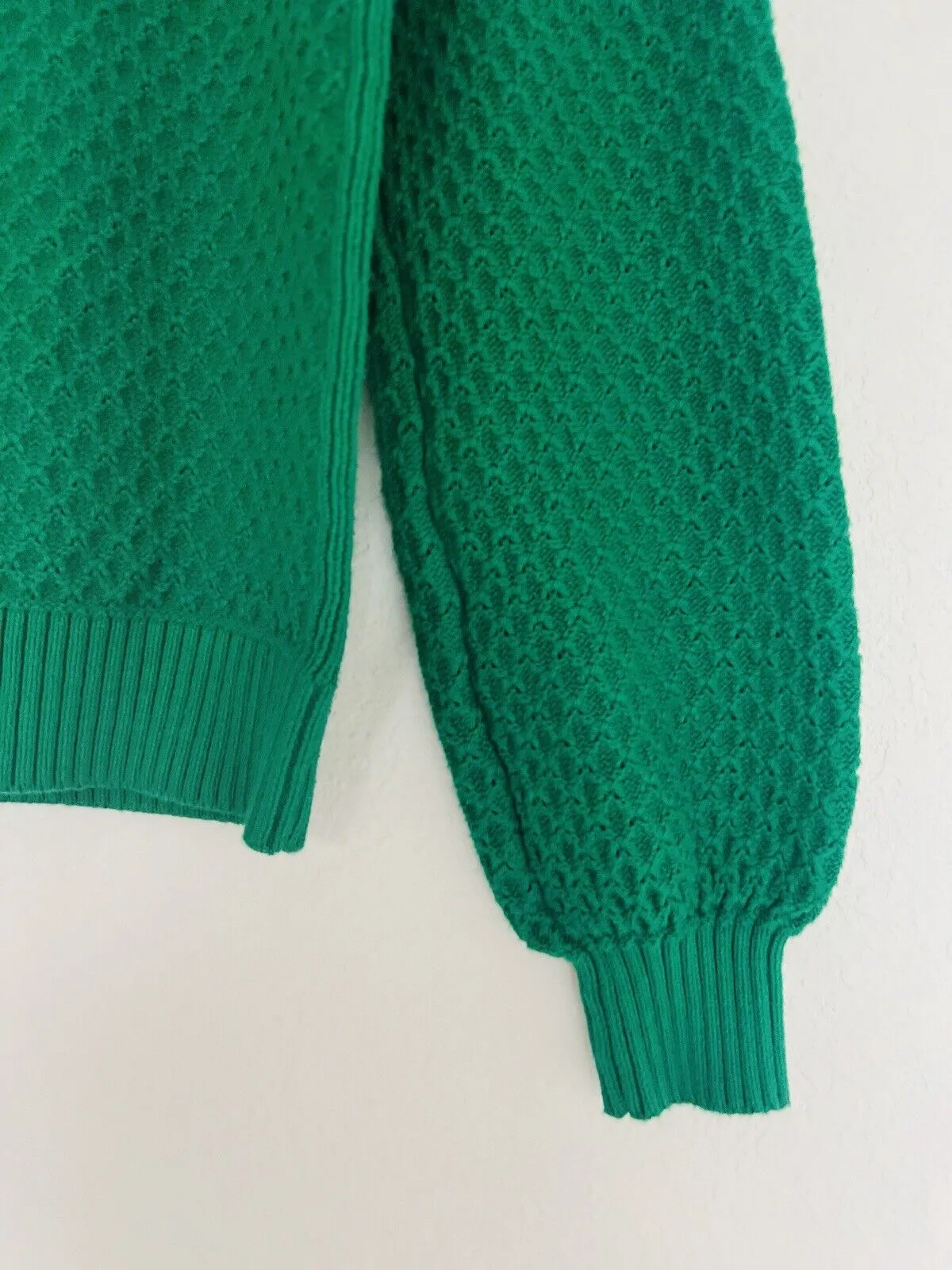 LOFT Pullover Green Knit Sweater Sz M Woven Detail Crew Neck Crop Short Boho