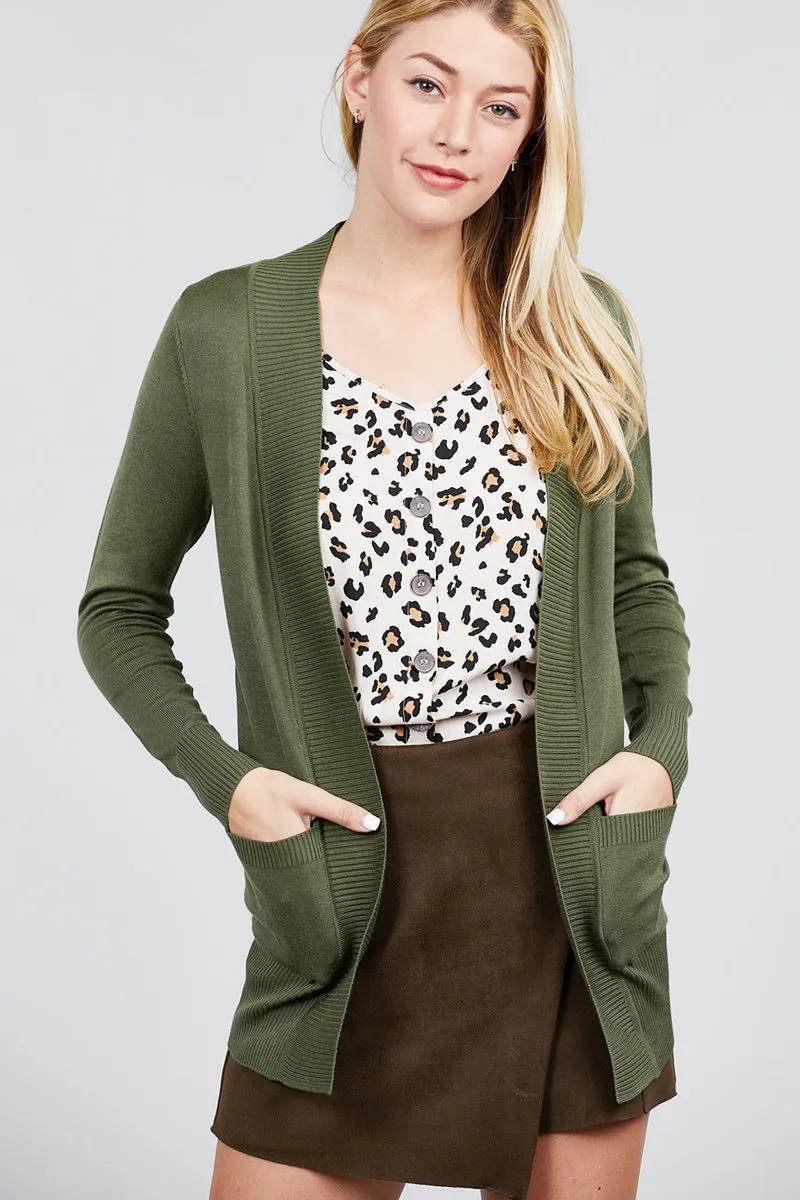 Long Sleeve Rib Banded Open Sweater Cardigan W/pockets