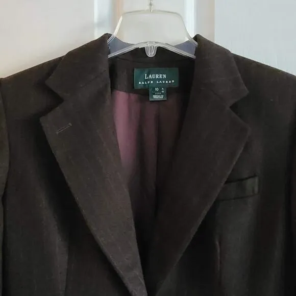 LRL 100% Wool Chocolate Brown Pinstripe Single Breasted Blazer Women's Size 10