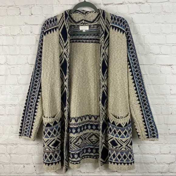 Lucky Brand Tribal Aztec Print Long Open Cardigan Sweater Size XS