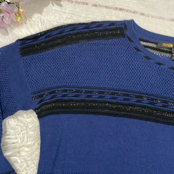 Maje Blue Black Wool Blend Striped Shimmer Lightweight Sweater