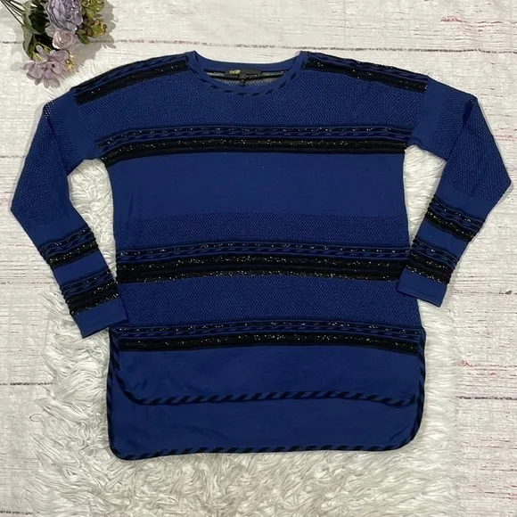 Maje Blue Black Wool Blend Striped Shimmer Lightweight Sweater