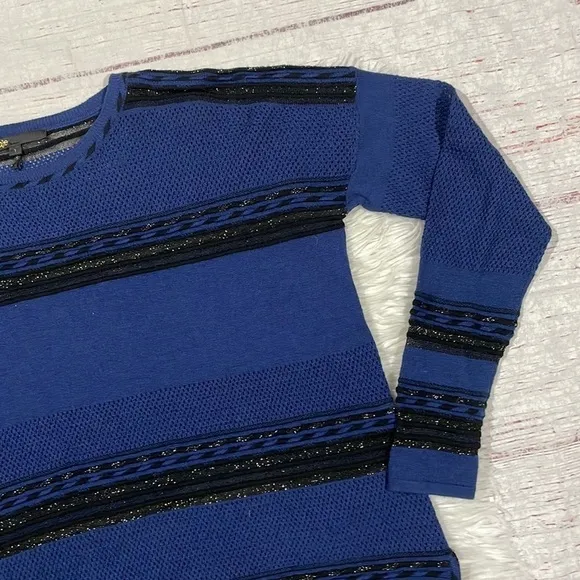 Maje Blue Black Wool Blend Striped Shimmer Lightweight Sweater