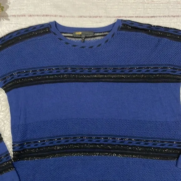 Maje Blue Black Wool Blend Striped Shimmer Lightweight Sweater