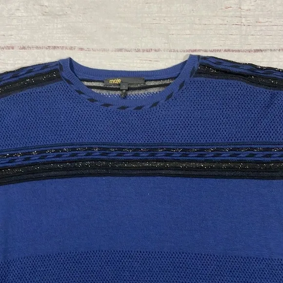 Maje Blue Black Wool Blend Striped Shimmer Lightweight Sweater