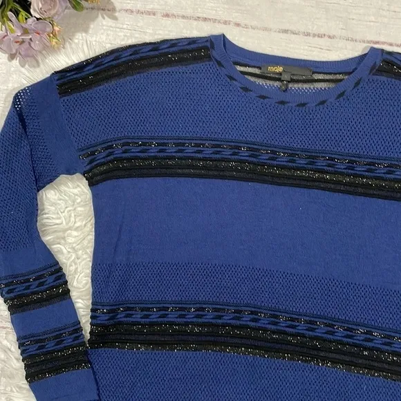 Maje Blue Black Wool Blend Striped Shimmer Lightweight Sweater