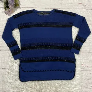 Maje Blue Black Wool Blend Striped Shimmer Lightweight Sweater