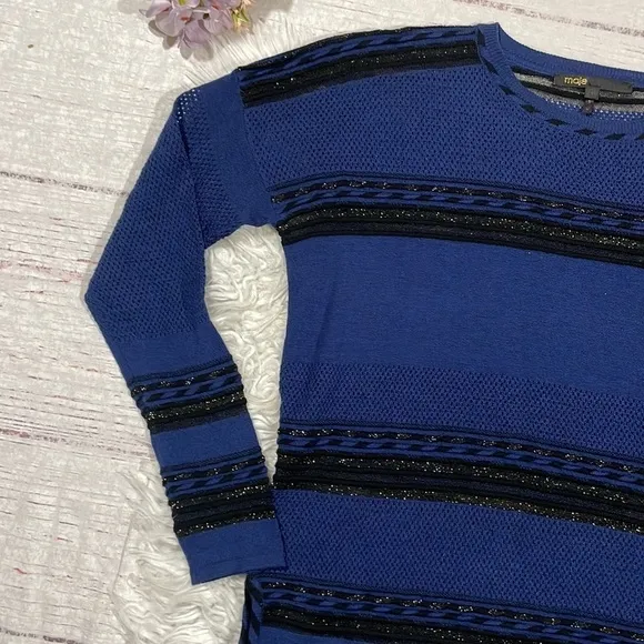 Maje Blue Black Wool Blend Striped Shimmer Lightweight Sweater
