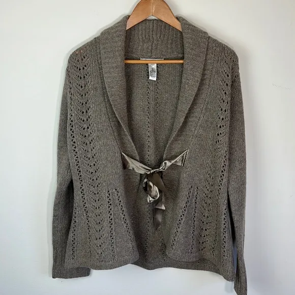 Marina Luna Tie Satin Lambswool women gray Cardigan Sweater Size medium