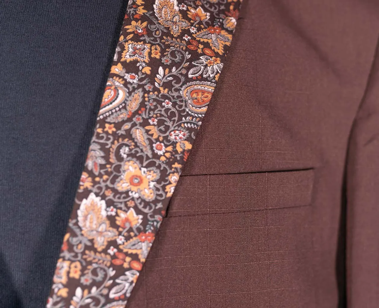 Men's Brown Blazer with Contrast Floral Lapel (42R)