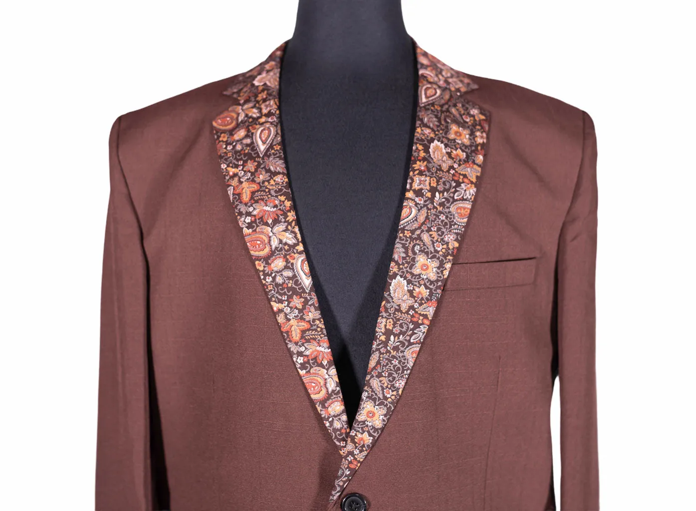 Men's Brown Blazer with Contrast Floral Lapel (42R)