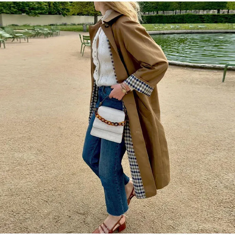 MOMENTLOVER  2025 Real shot - lapel single-breasted long jacket 24  New fashion women's personalized street slim trench coat