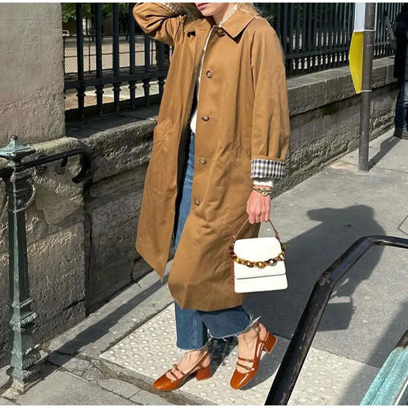 MOMENTLOVER  2025 Real shot - lapel single-breasted long jacket 24  New fashion women's personalized street slim trench coat