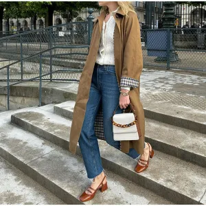 MOMENTLOVER  2025 Real shot - lapel single-breasted long jacket 24  New fashion women's personalized street slim trench coat