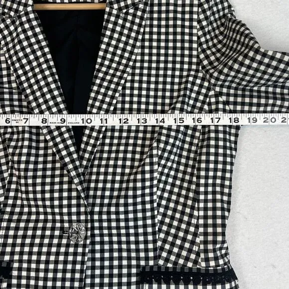 Nanette Lepore Womens Plaid Blazer Black White Lace Detail Faux Pockets Size 8