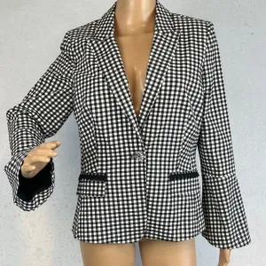 Nanette Lepore Womens Plaid Blazer Black White Lace Detail Faux Pockets Size 8