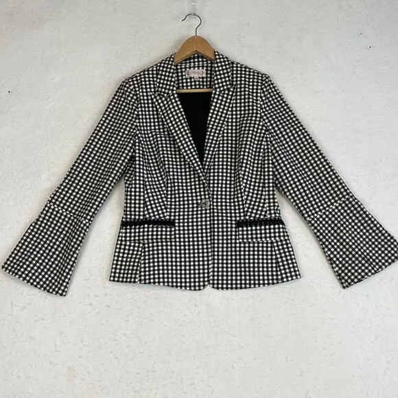 Nanette Lepore Womens Plaid Blazer Black White Lace Detail Faux Pockets Size 8