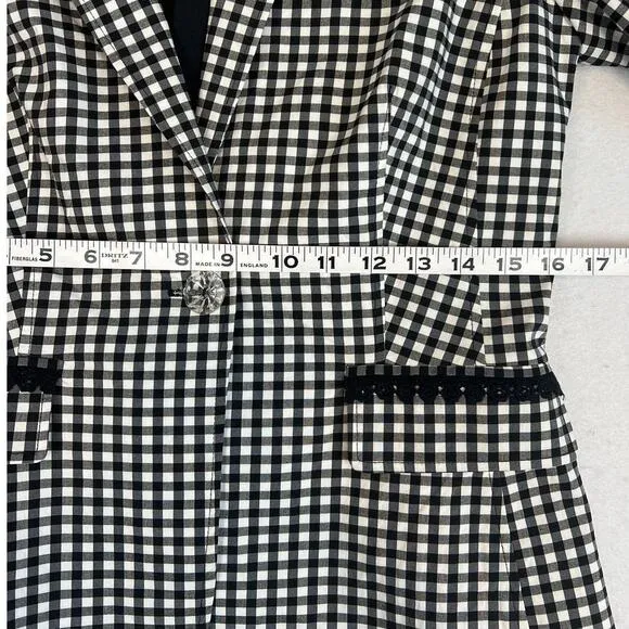 Nanette Lepore Womens Plaid Blazer Black White Lace Detail Faux Pockets Size 8