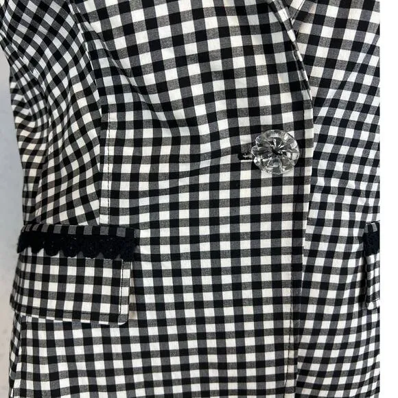 Nanette Lepore Womens Plaid Blazer Black White Lace Detail Faux Pockets Size 8