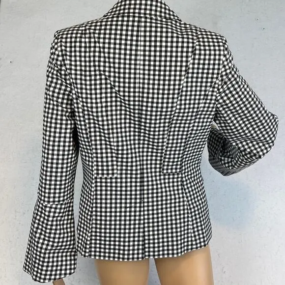 Nanette Lepore Womens Plaid Blazer Black White Lace Detail Faux Pockets Size 8
