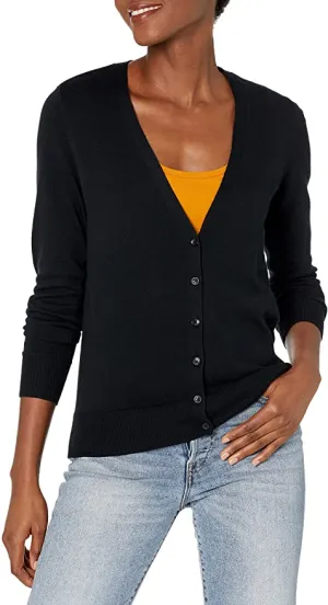 New Essentials Women's Ultra Soft  Classic Fit Lightweight Long-Sleeve V-Neck Cardigan Sweater, Black, Large