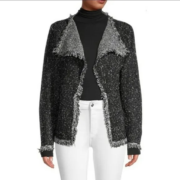 NEW Max Studio Fringe-Trim Cardigan Sweater Black