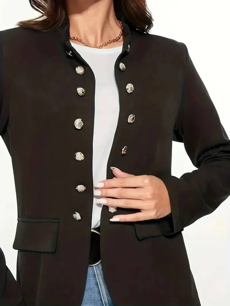 New Solid Double Breasted Flap Detail Blazer in Black, Sz S