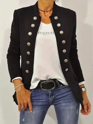 New Solid Double Breasted Flap Detail Blazer in Black, Sz S