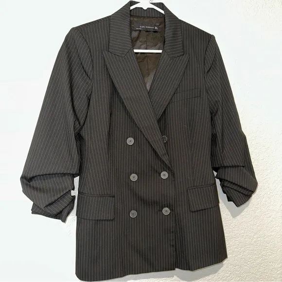 New Zara $129 Double Breasted Pinstripe Jacket Blazer Small 7955/646