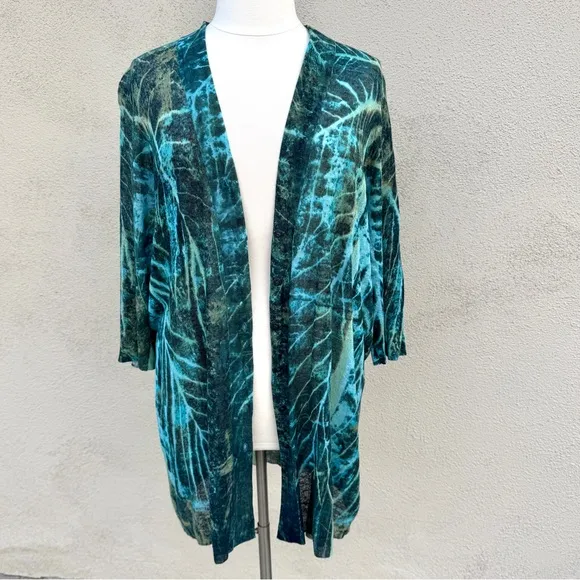 NIC   ZOE long cardigan sweater button down colorful knit blue green abstract 2X